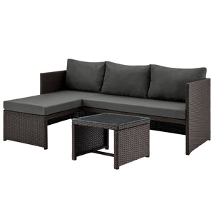 English Elm Menton 3-Piece Sectional Set with Chaise and Waterproof Removable Cushions, Steel Rattan Frame Brown+Gray B365P397654
