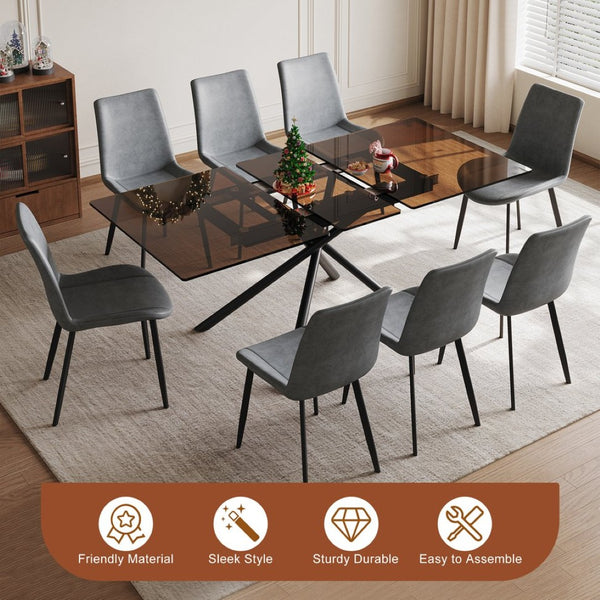 English Elm 59-inch Expandable Glass Top Dining Set Seats 8 with Upholstered Chairs X-base W2700S00083