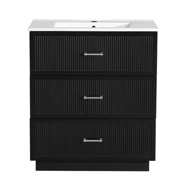 English Elm 30 Inch Bathroom Vanity With Ceramic Sink Combo - Modern Black Freestanding Storage Cabinet Set W1550S00047