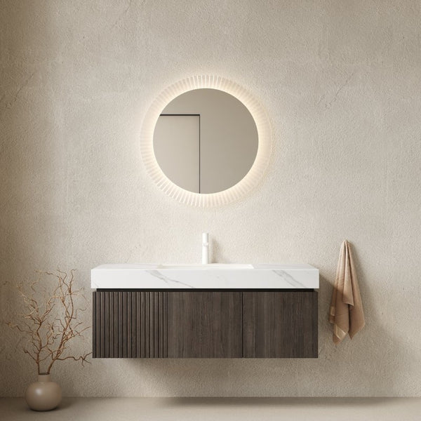 English Elm Muri Floating Bathroom Vanity Plywood Cabinet Sintered Stone Top Espresso Finish W2615S00459