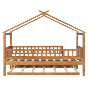 English Elm Twin House Bed with Trundle Solid Pine Frame Walnut Kids Bedroom Sleepover N708P357115L