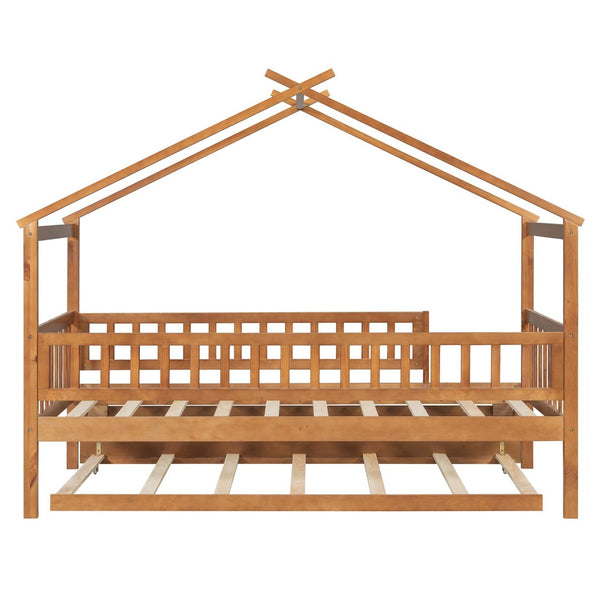English Elm Twin House Bed with Trundle Solid Pine Frame Walnut Kids Bedroom Sleepover N708P357115L