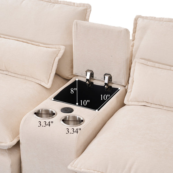 English Elm Modern U-shaped sofa with console, cupholders & USB ports — 6-seat sleeper with double chaise, chenille comfort W3401S00001