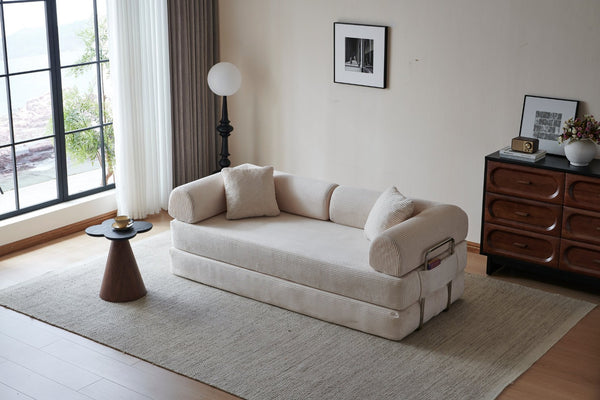 English Elm 78.8" Corduroy Modular Floor Sofa Convertible Sleeper Futon with Pillow Back Support Off White W5617P456003