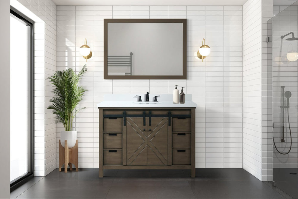 English Elm Rustic Brown Bath Vanity 48" With White Quartz Top, Spacious Storage & Stylish 44" Mirror Included B2731S00718-GIGA