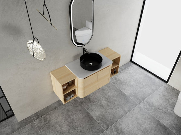 English Elm 54'' Wall-Mounted Bathroom Vanity With Elegant Ceramic Sink, Soft-Close Doors, Modern Shelving & More! W999S00476