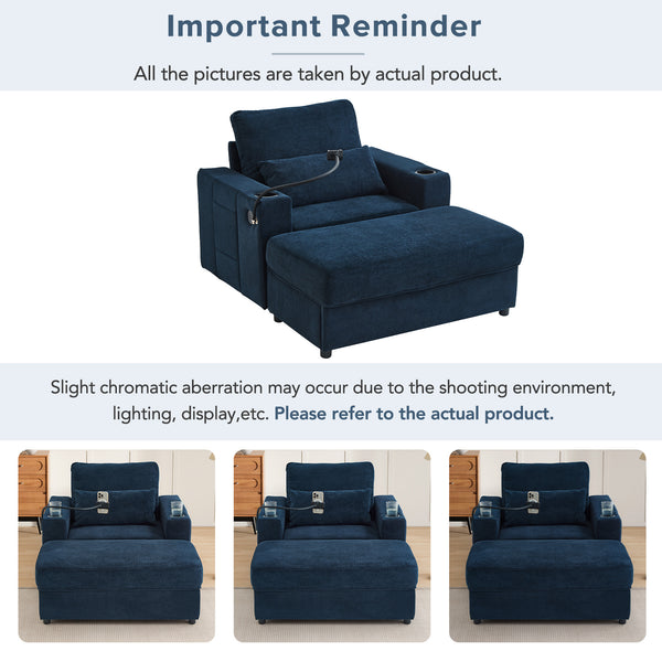 English Elm Modern Multifunctional Armchair with Chaise Lounge, Hidden Ottoman Storage, USB Ports & Cup Holders Blue N719P292700C
