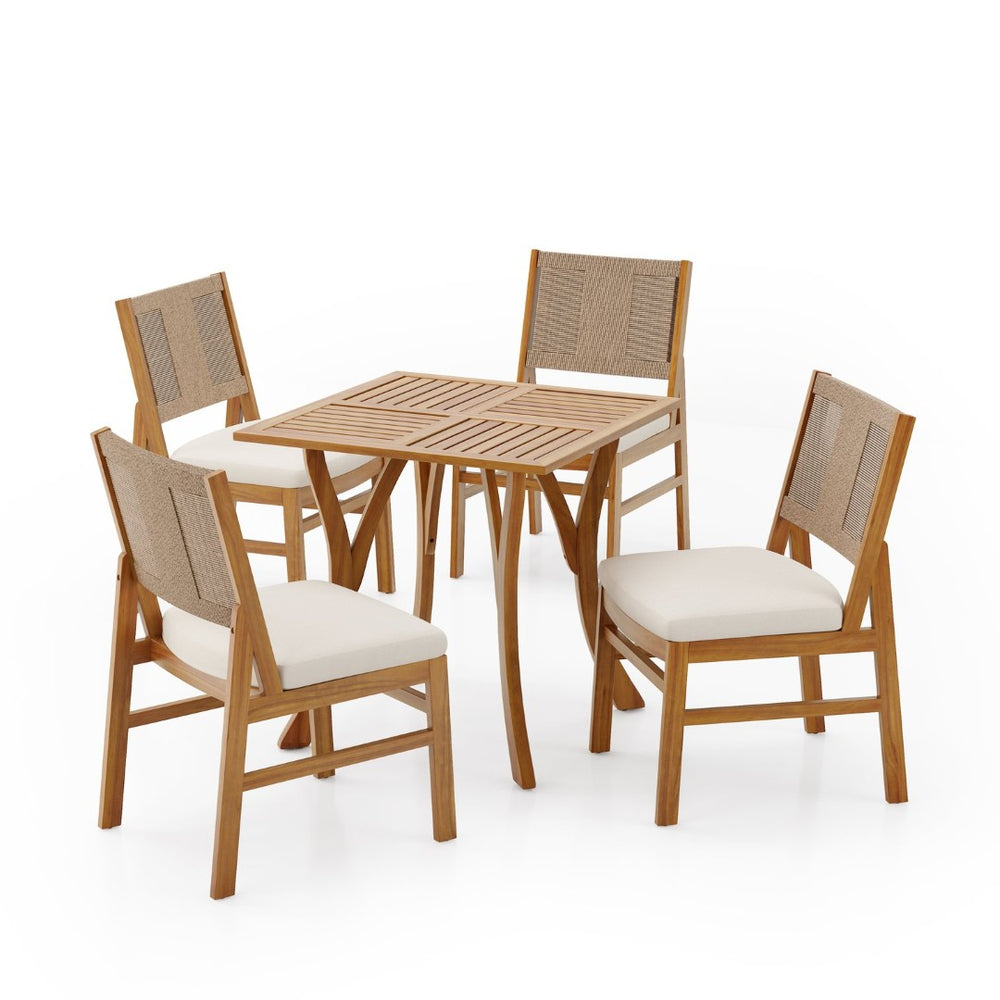 English Elm 5 Piece Acacia Wood Outdoor Dining Set Square Teak Finish Wicker Chairs Patio N773OD00086B