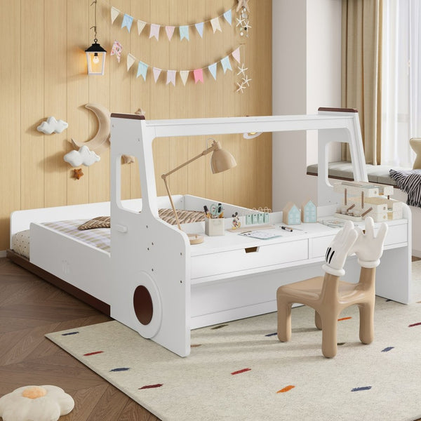 English Elm Full Size Car Shaped Kids Platform Bed with Storage Drawers Integrated Desk Pine Wood Light White W1580S00490
