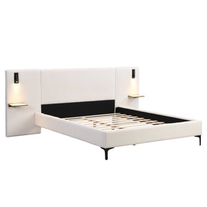 English Elm Christopher Knight Home® - Chic Boucle Upholstered Bed With Integrated Lighting & Shelves, Modern White Design, Queen Size N769P264793Q