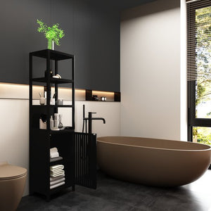English Elm BLACK Bamboo Tall Slim Cabinet with Shutter Door, 3-Tier Freestanding Linen Tower for Kitchen Bath 39x18x9" W2207P272658