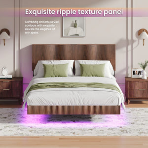 English Elm Walnut Queen Floating Bed Frame with LED Lights, Wavy Headboard, Built-In Charging Station, 1000LB Capacity W1820P329697