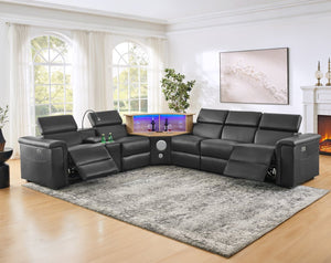 English Elm 5-seater Air Leather Power Reclining Sectional with Led Bluetooth Subwoofer and Lift Cabinet Black W1191S00121