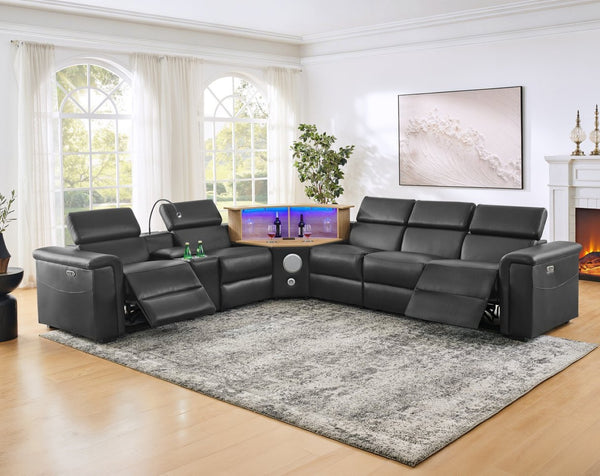 English Elm 5-seater Air Leather Power Reclining Sectional with Led Bluetooth Subwoofer and Lift Cabinet Black W1191S00121