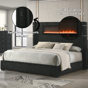 English Elm Garner Corduroy Upholstered Queen Bed with Fireplace Led Lighting and Bluetooth Speaker B2756S00002