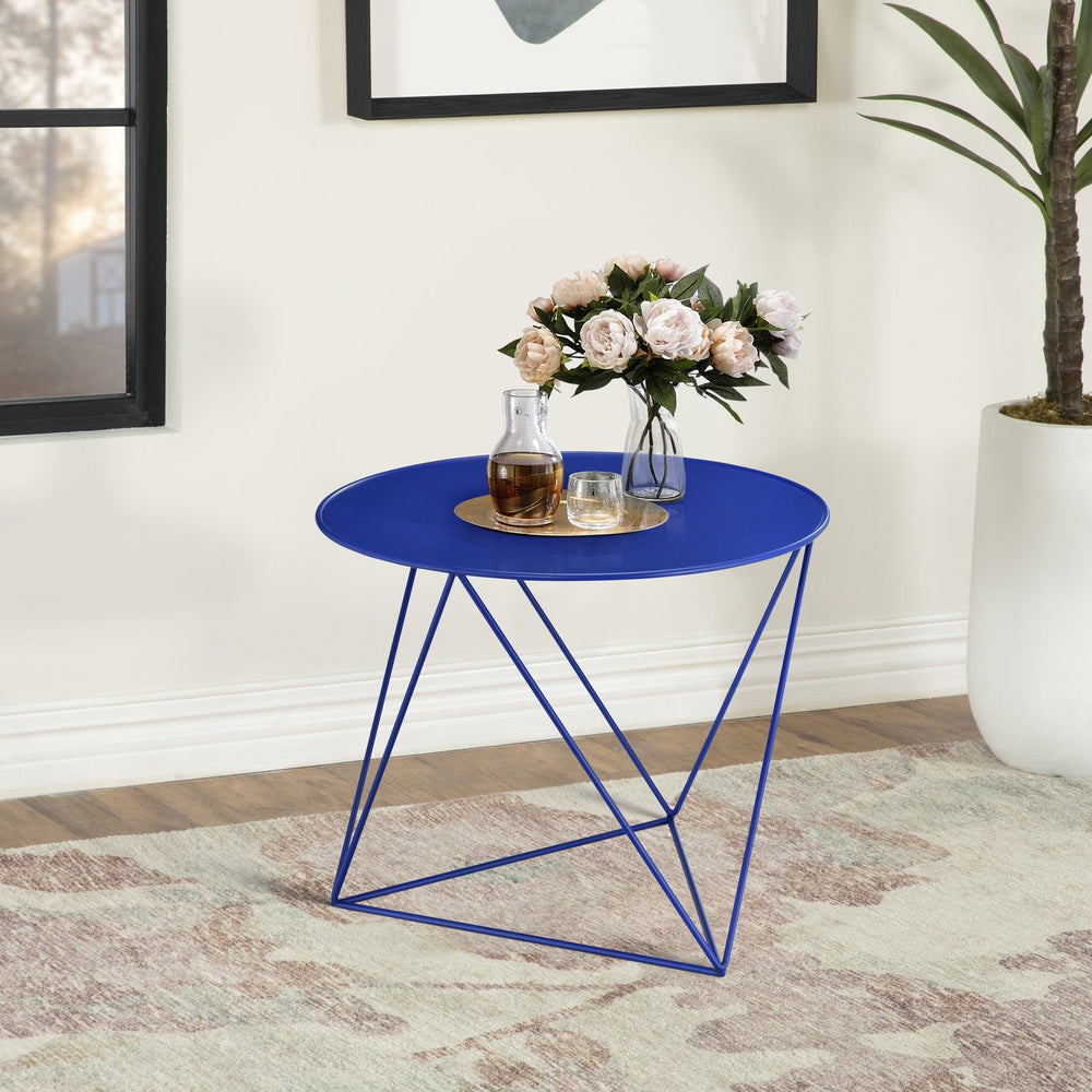English Elm Blue Round Accent Table with Geometric Metal Base, Powder-Coated Blue Finish, Compact Durable Charm B062P186427