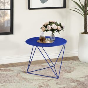 English Elm Blue Round Accent Table with Geometric Metal Base, Powder-Coated Blue Finish, Compact Durable Charm B062P186427