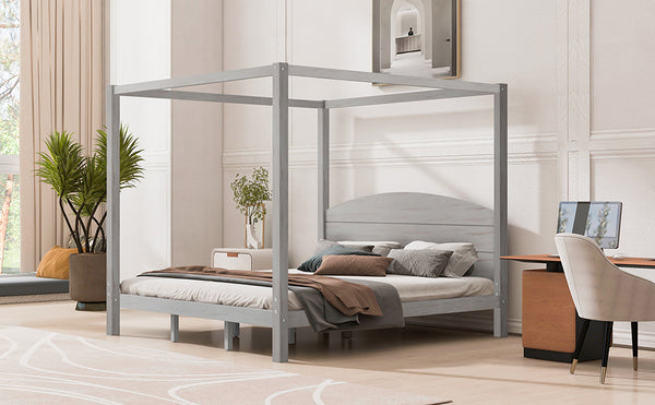 English Elm King Canopy Platform Bed with Headboard and Support Legs — Modern Pine Wood Frame, Sturdy 650lb Capacity Grey WF309291AAE