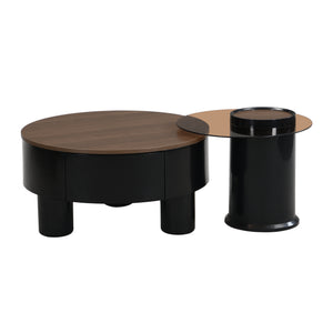 English Elm Round Nesting Coffee Table Set with Hidden Storage Drawer and Space-Saving Stackable Design for Living Room Black+Brown W821S00033