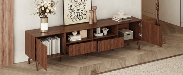 English Elm 78 Inch Walnut Entertainment Center Fluted Doors Solid Wood Legs for Living Room N710P372591P