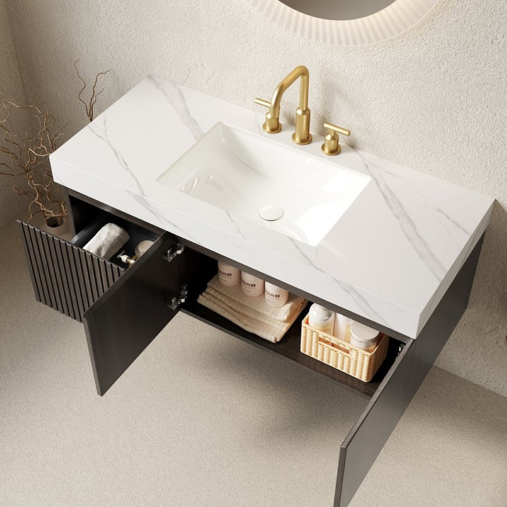 English Elm Muri Floating Bathroom Vanity Sintered Stone Top Plywood Cabinet Espresso Woodgrain W2615S00634