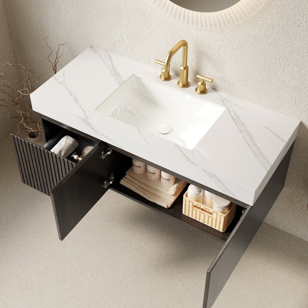 English Elm Muri Floating Bathroom Vanity Sintered Stone Top Plywood Cabinet Espresso Woodgrain W2615S00634