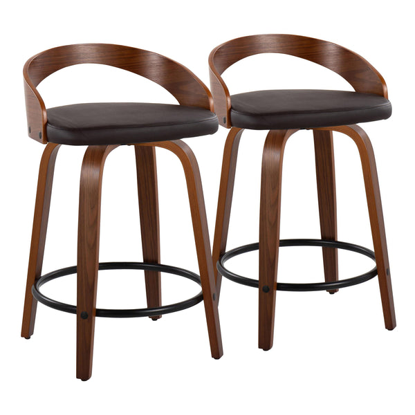 English Elm Grotto 24" Contemporary Counter Stool Set of 2 – Swivel Faux Leather Seat, Bent Wood Legs & Footrest Brown B202S00071
