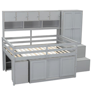 English Elm Full Size Gray Loft Bed with Rolling Desk Wardrobe Staircase and Headboard Shelving LT000852AAE