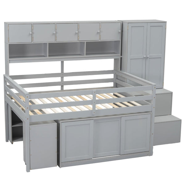 English Elm Full Size Gray Loft Bed with Rolling Desk Wardrobe Staircase and Headboard Shelving LT000852AAE