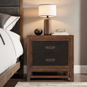 English Elm Two-Drawer Nightstand Rustic Buckeye & Black Finish with Felt-Lined Drawer, Antique Brass Hardware, Fully Assembled and Phone Charging Ready B108P163825