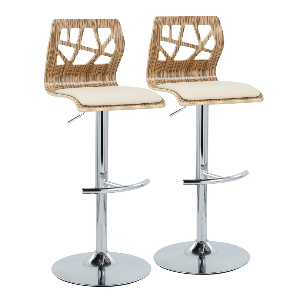 English Elm Folia Mid-Century Adjustable Swivel Barstools Set of 2 — Cream Faux Leather, Chrome Base, Zebra Wood Frame B202S00852