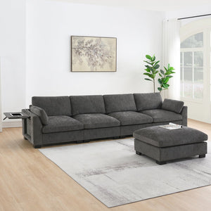 English Elm 130" Modular Sectional Sofa with Folding Table, Dual USB Charging, Hidden Side Pockets, Chenille Comfort Charcoal N723S9710R