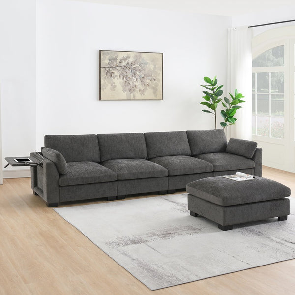 English Elm 130" Modular Sectional Sofa with Folding Table, Dual USB Charging, Hidden Side Pockets, Chenille Comfort Charcoal N723S9710R