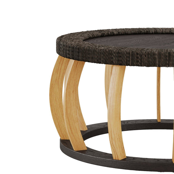 English Elm 35.43"vintage Woven Rattan Round Coffee Table Curved Wood Legs Boho Living Room W757P445115