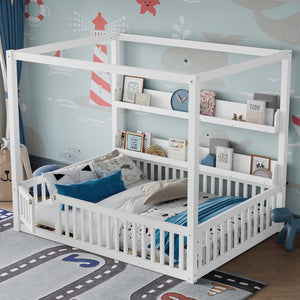 English Elm Full House Floor Bed with Door and Guardrails for Kids, Solid Wood Double Full, Safe Play Nook Light White W1580P359331