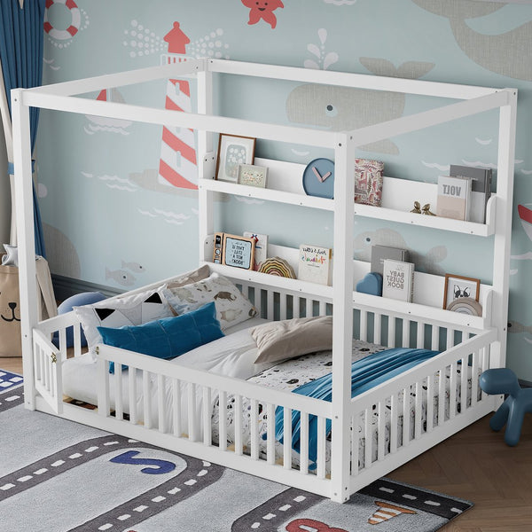 English Elm Full House Floor Bed with Door and Guardrails for Kids, Solid Wood Double Full, Safe Play Nook Light White W1580P359331