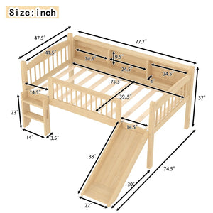 English Elm Twin Low Loft Bed Solid Pine Frame with Built-in Led Lighting and Storage Shelves Natural W1580P395930