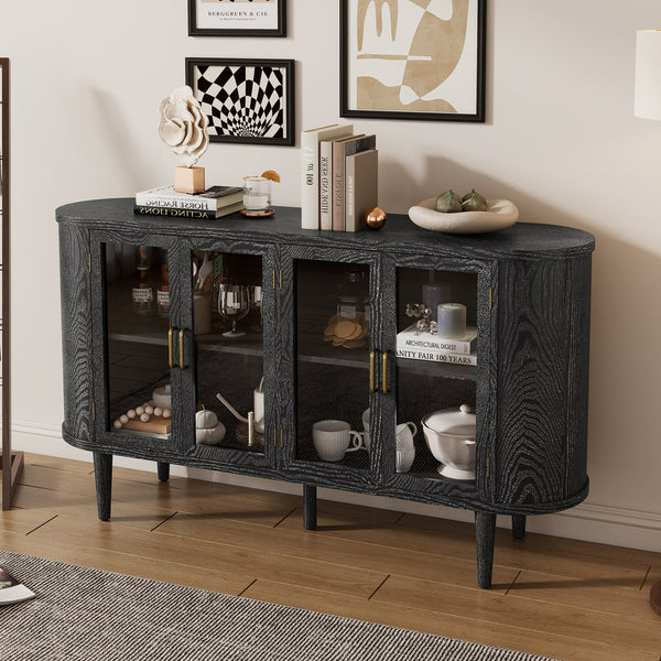English Elm TREXM Modern Farmhouse Sideboard Cabinet with Fluted Panels, Tempered Glass Doors & Adjustable Shelves Black N715P264923B