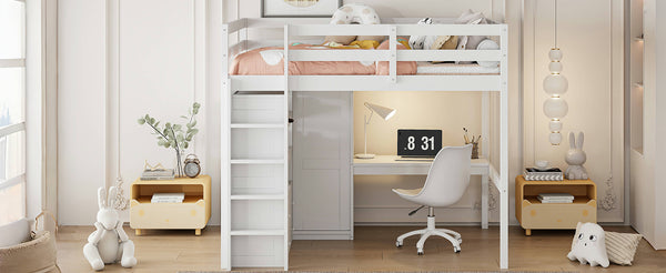 English Elm Wood Full Size Loft Bed with Built-In Desk, Wardrobe, Shelves & Drawers for Space-Saving Rooms White GX000466AAK