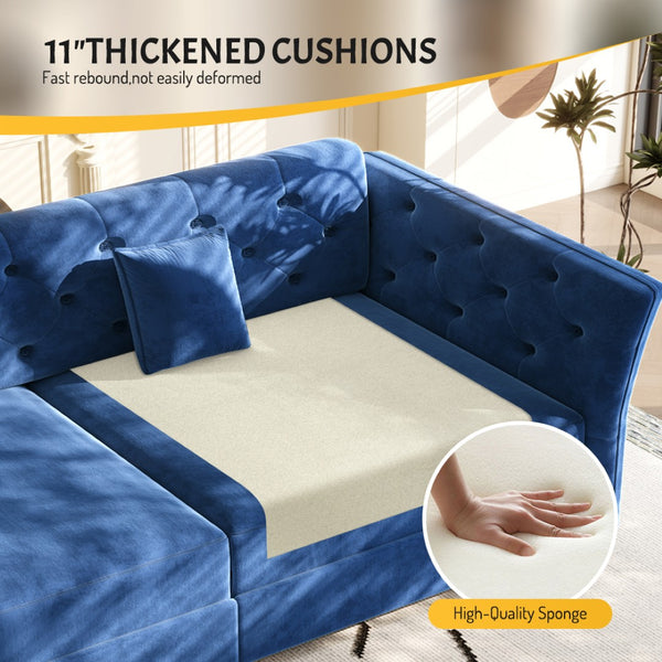 English Elm 74.4" Queen Velvet Sleeper Sofa Artisan Floral Tufted Cushions Converts for Guest Rooms Blue W1885S00306