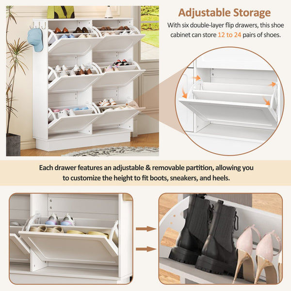 English Elm Modern Narrow Tipping Shoe Cabinet with 6 Flip Drawers, Slim 9.45" Space-Saving Cream Organizer with Hooks and Adjustable Shelves for Entryway (Fits 12–24 Pairs) White N721P288699K