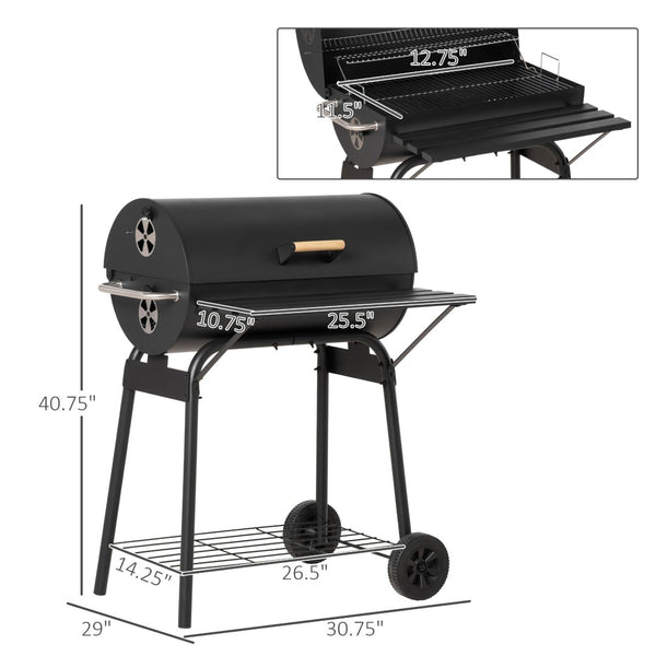 English Elm Outsunny Barrel Charcoal Smoker Grill with Offset Firebox Wheels and Storage Shelves W2225P174308