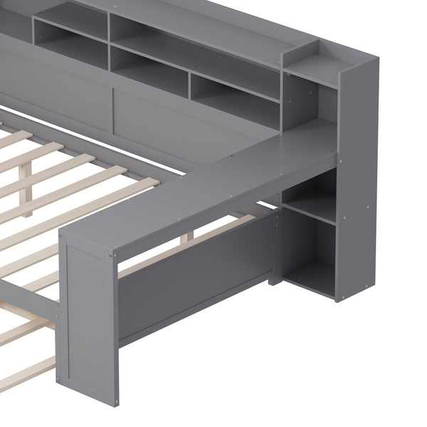 English Elm Wooden Full Size Daybed with Trundle and Built-In Desk, Side Storage Shelves for Space-Saving Rooms Gray 70 L x 18.6 W x 5.5 H N733S242277E