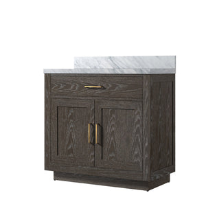 English Elm Brown Oak Single Bath Vanity With Carrara Marble Top - Elegant 36" W X 22" D Design, Ready To Install! B2731P257665