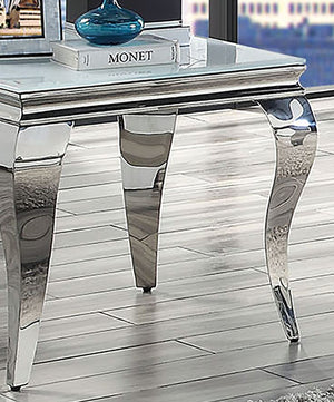 English Elm Glam Stainless Steel Coffee Table with Beveled Tempered Glass Top and Elegant Cabriole-Style Legs Silver,White 28 L x 28 W x 4 H B011S01177