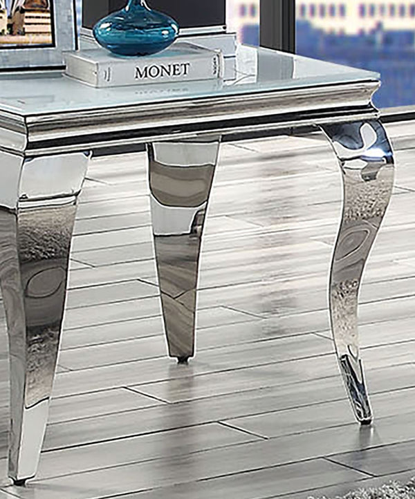 English Elm Glam Stainless Steel Coffee Table with Beveled Tempered Glass Top and Elegant Cabriole-Style Legs Silver,White 28 L x 28 W x 4 H B011S01177