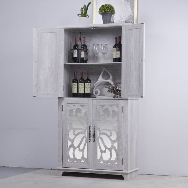 English Elm 67.4"h Mirrored Corner Cabinet Carved Butterfly Doors Adjustable Shelves Entryway Storage Light Gray W2899P374348
