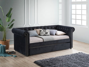 English Elm Luxurious Tufted Daybed with Nailhead Trim and Built-In Trundle — Elegant Rolled Arms, Plush Fabric Comfort Black 41.88 L x 16 W x 6.25 H B011S01634