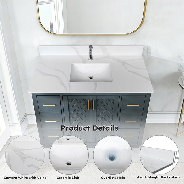 English Elm 43-inch Carrara Quartz Vanity Top Undermount Sink Backsplash Stain Resistant Bath W2699P459407