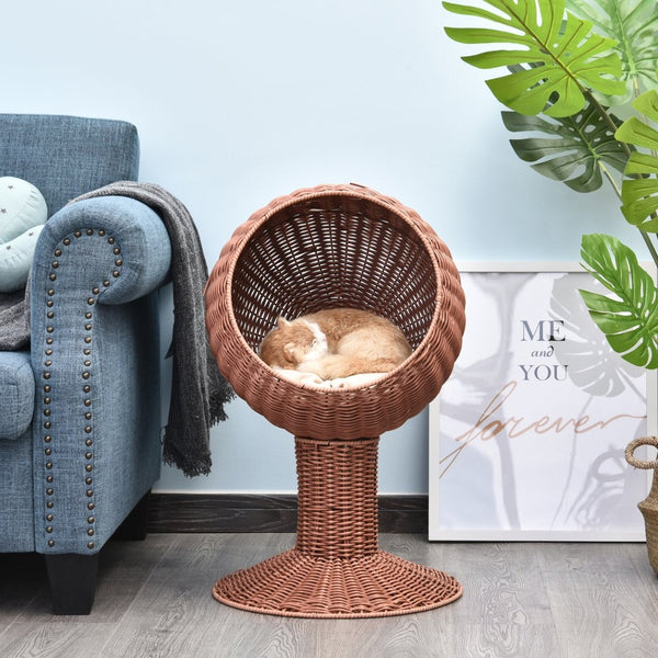 English Elm Pawhut Elevated Cat Bed With Rotatable Pod, Cozy Rattan Basket, Plush Cushion For Stylish Naptime Retreat W2225P217307-GIGA